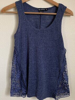 Miss Chievous Tank Top with Crochet Lace Side Panels, Blue, Size XS